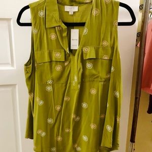 NWT LOFT Green Flower Sleeveless Top Blouse 100% Rayon